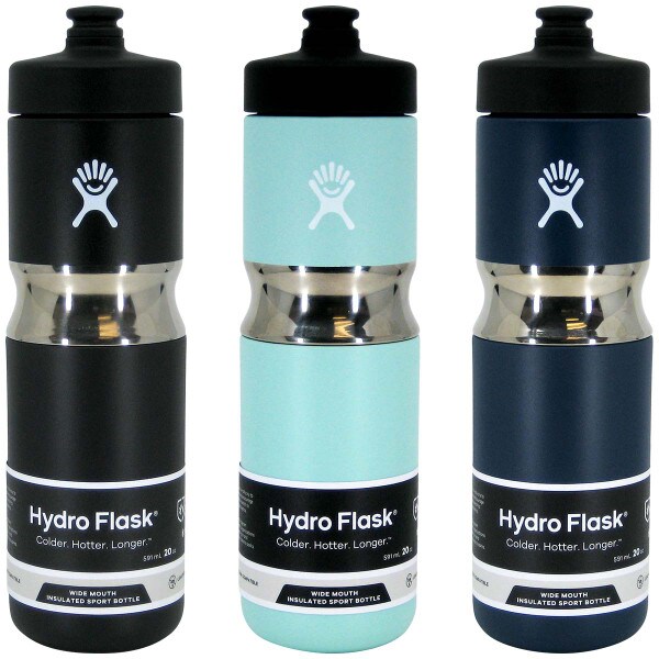 Hydro Flask 20oz sport bottles, black, dew, and indigo